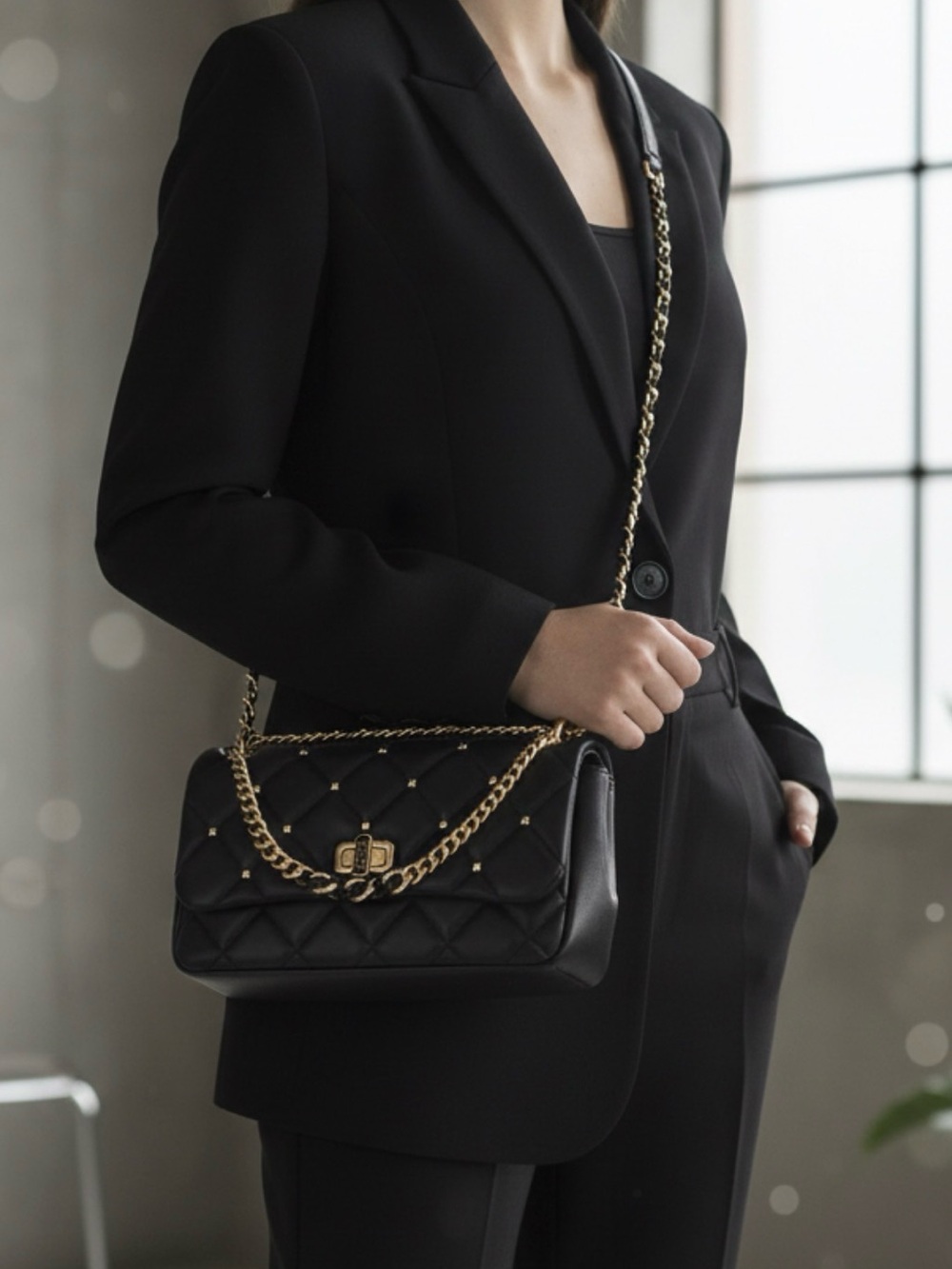Badgley Micska Black Quilted Crossbody Bag with Gold Chain EUC